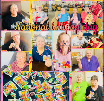 Residents celebrating National Lollipop Day with colorful treats