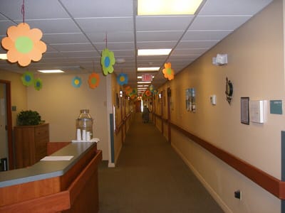Brightly decorated hallway with colorful paper flowers