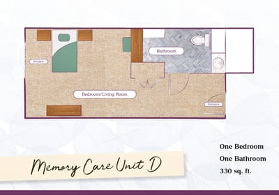 Architectural floor plan of a memory care unit