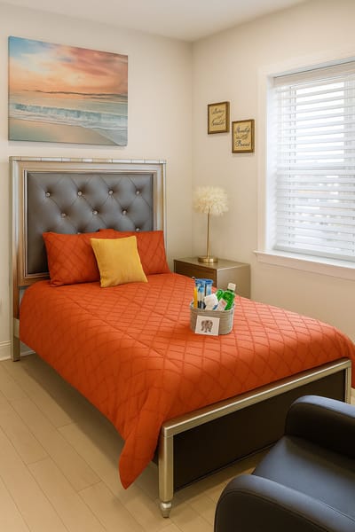 Brightly decorated resident bedroom with orange bedding