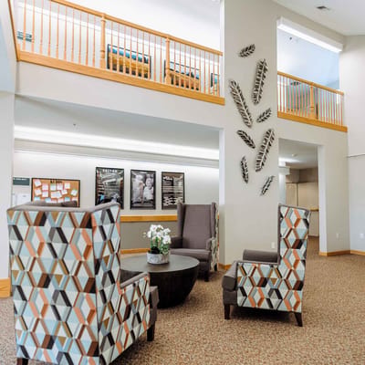 Bright and spacious common area with seating