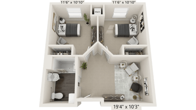 Stylish layout of a two-bedroom resident suite