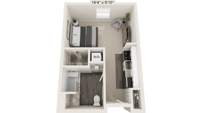 Floor plan of a one-bedroom unit with amenities