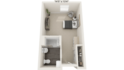 Layout of a private resident room with a bathroom