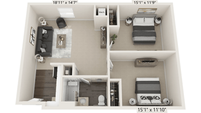 Floor plan of a two-bedroom suite with living area