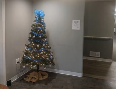 Christmas tree decorated in a hallway