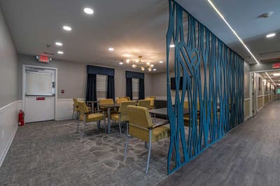 Interior view of a common area with seating