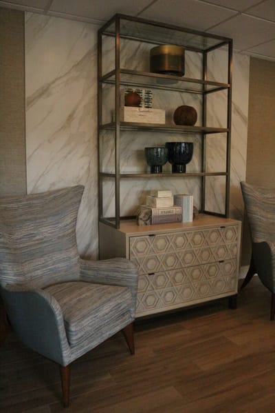 Interior decor with seating and shelving