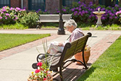 Resident reading in a garden area with flowers