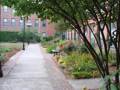 Garden path with flowers and seating area