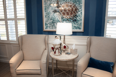 Cozy common area with festive decorations and a turtle artwork
