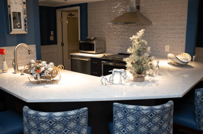 Modern kitchen interior with decorative items.