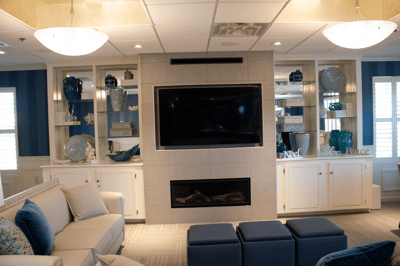 Bright common area with comfortable seating and decor