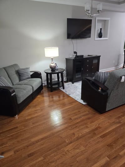 Cozy interior seating area with couches and a lamp