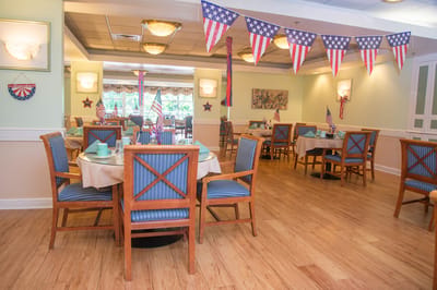 Bright dining room with patriotic decorations