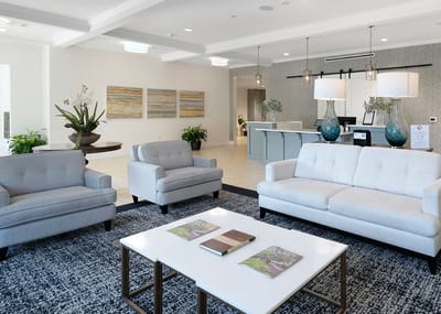 Bright common area with seating and decor
