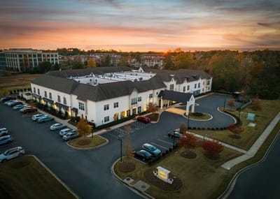 Aerial view of the Somerby Edgewater facility at sunset