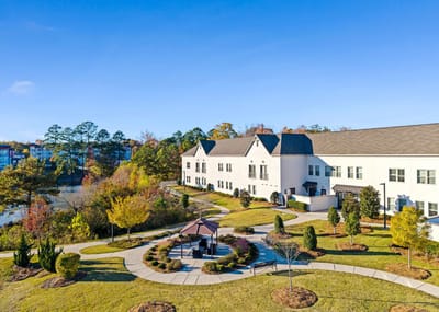 Aerial view of an assisted living facility with outdoor space
