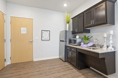 Bright, modern kitchenette in a senior living facility
