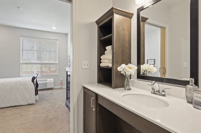 Interior view of bathroom and bedroom in a resident room