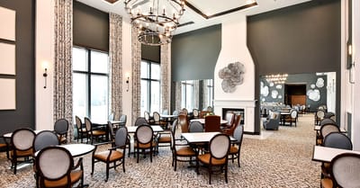 Bright common area with seating and decorative elements