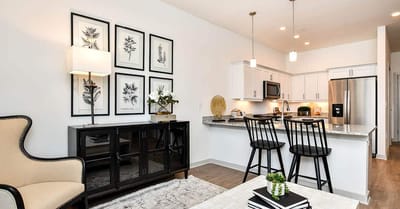 Modern interior view of a kitchen and living area