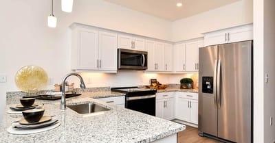 Modern kitchen interior with appliances and fixtures