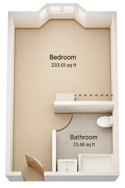 Architectural floor plan for a bedroom and bathroom
