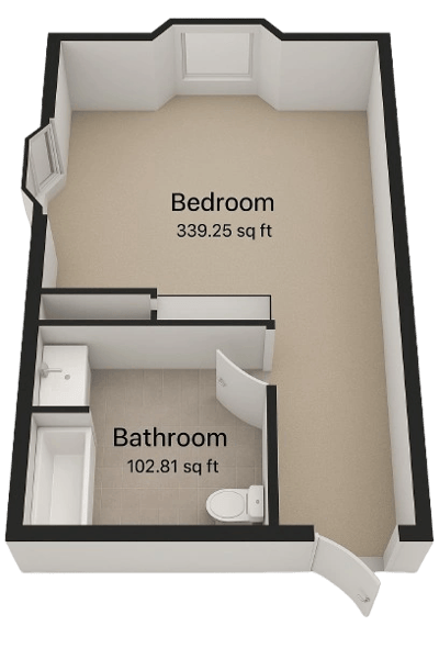 Architectural floor plan of a bedroom and bathroom