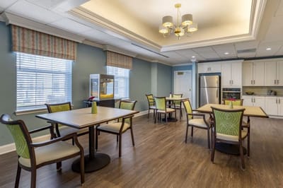 Bright and modern dining area with tables and chairs
