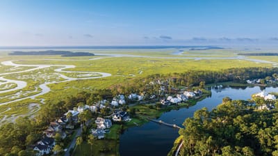 Aerial view of a scenic landscape with homes