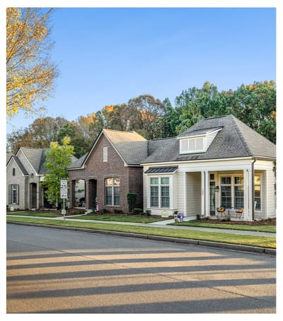Sunny exterior view of residential-style senior living homes