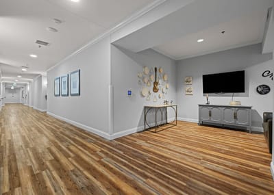 Modern interior hallway with wooden floors and wall decor