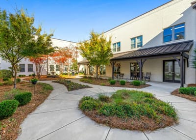 Outdoor garden area with paths and seating