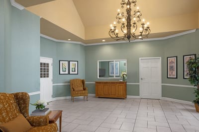 Bright interior of a facility common area with seating