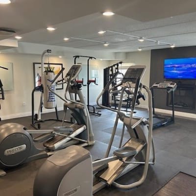 Well-equipped gym with exercise machines and TV