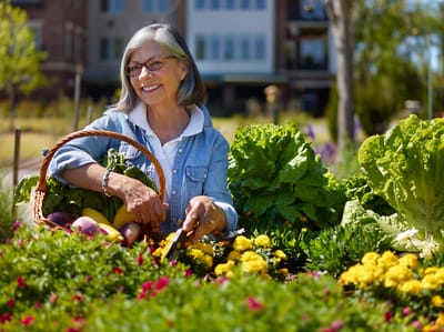 Resident gardening in a vibrant outdoor area