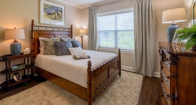 Cozy bedroom with wooden furniture and soft decor