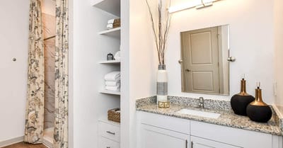 Modern bathroom interior with shower and sink