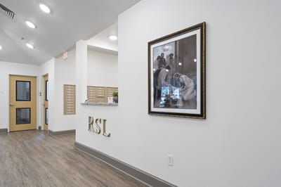 Interior view of a lobby with wall decorations