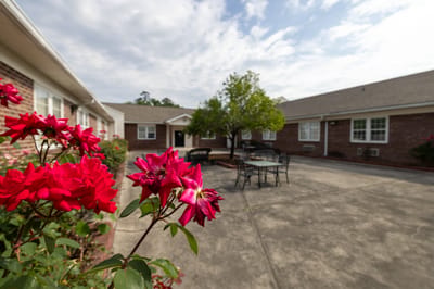 Outdoor courtyard with flowers and seating area