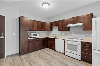 Bright interior of a modern kitchen in a senior living facility