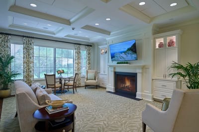 Bright living area with comfortable seating and a fireplace