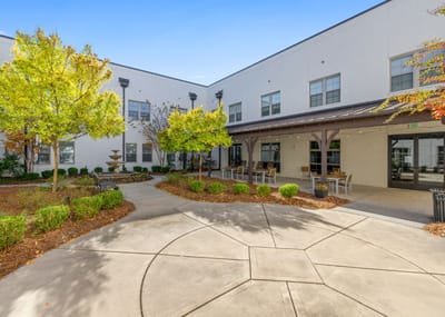 Outdoor space with seating and landscaping