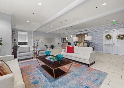 Bright and inviting common area with seating