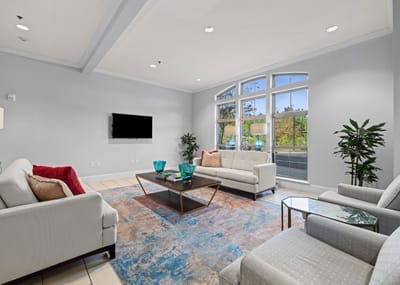 Bright interior of a common area with seating