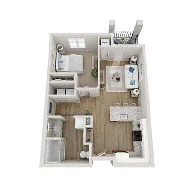 Architectural floor plan of a one-bedroom unit