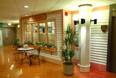 Interior view of a dining area with seating