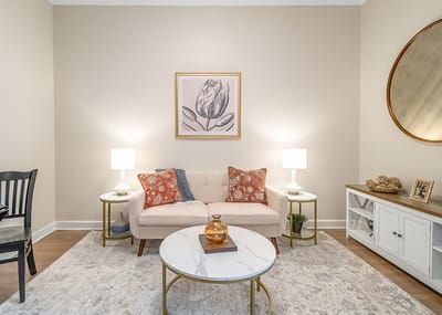 Cozy interior lounge area with artwork and furnishings