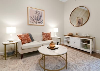 Bright living room setting with a couch and decorative items